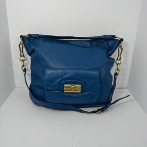 Coach 14769 Blue Leather Shoulder Bag Turnlock Flap Handbag Gold Hardware